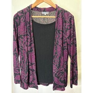 JM Collection Petite Purple Black Paisley Open Front Cardigan Mock Top PM